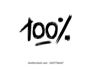 100 percent hand written inscription. Vector design for ads, promo, posters and cards. Grunnge black number one hundred percent on white background.