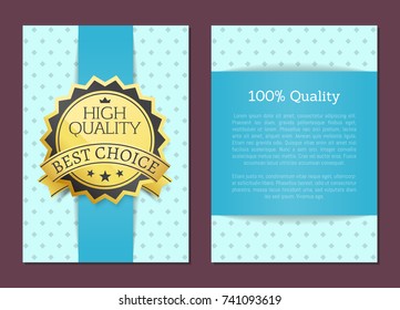 100 percent high quality award best choice vector illustration banner with text on banner with blue colors with rhombus, round golden label certificate