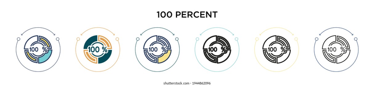 100% Icon in gefüllter, dünner Linie, Umriss und Strich-Stil. Vektorgrafik von zwei farbigen und schwarzen 100 % Vektorsymboldesigns kann für mobile, iPhone-, web-basierte
