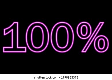 100 percent inscription on a black background. Pink line in neon style. Vector illustration