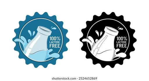 100 Percent Lactose Free Badge Design. Illustration Set with Milk Bottle Splash Elements Blue and Black Variations. Vector signs for product packaging design.