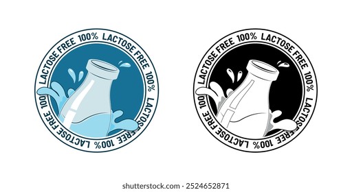 100 Percent Lactose Free Badge Design. Illustration Set with Milk Bottle Splash Elements Blue and Black Variations. Vector signs for product packaging design.