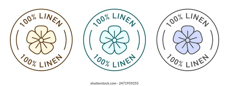 100 Prozent Leinen Label Vektorgrafik Design für Verpackungen. Leinenblumensymbol. Farbaufkleber aus organischem Stoff.