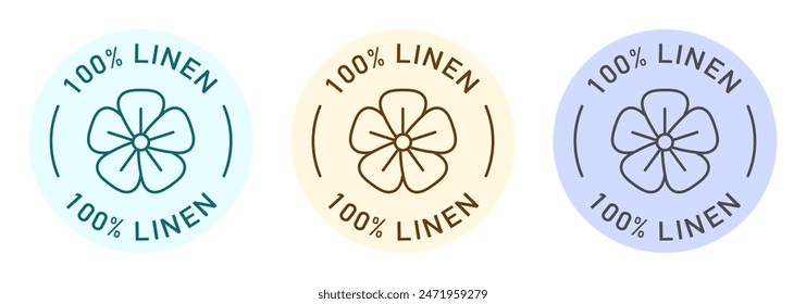 100 Prozent Leinen Label Vektorgrafik Design für Verpackungen. Leinenblumensymbol. Farbaufkleber aus organischem Stoff.