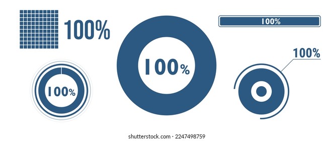 100 percent loading data icon set. Hundred circle diagram, pie donut chart, progress bar. 100% percentage infographic. Vector concept collection, blue color.