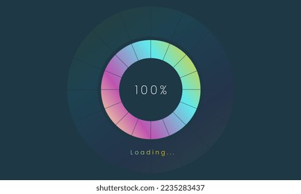 100 percent loading user interface, A Futuristic loading icon, colorful loading tap menu UI, use for Download progress, web design template, interface uploading design.