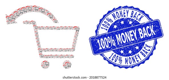 100 percent Money Back corroded round stamp seal and vector recursive collage cancel shopping order. Blue stamp seal contains 100 percent Money Back tag inside round shape.
