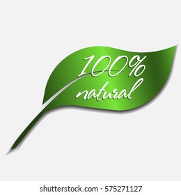 100 percent natural banner or sticker, Green leaf logo.