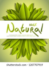100 percent natural card with fresh green leaves, advertising banner, vector design made in paper cut realistic style.