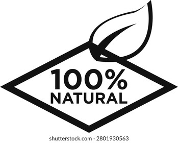  100 percent natural certification badge with leaf symbol for product packaging, helping brands assure consumers of pure unprocessed ingredients