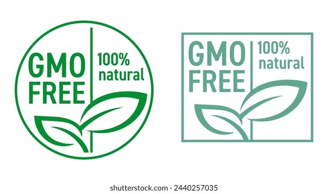 100 percent natural and GMO Free - green eco-friendly green label in flat minimalism style. For labeling of genetically unmodified products