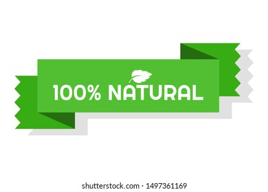 100 percent Natural. Green banner with shadow. flat style. isolated. on white background 