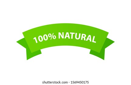 100 Percent Natural - Green Ribbon Label isolated on white background. Vector illustration of Green Tag for market or Eco Food Products.