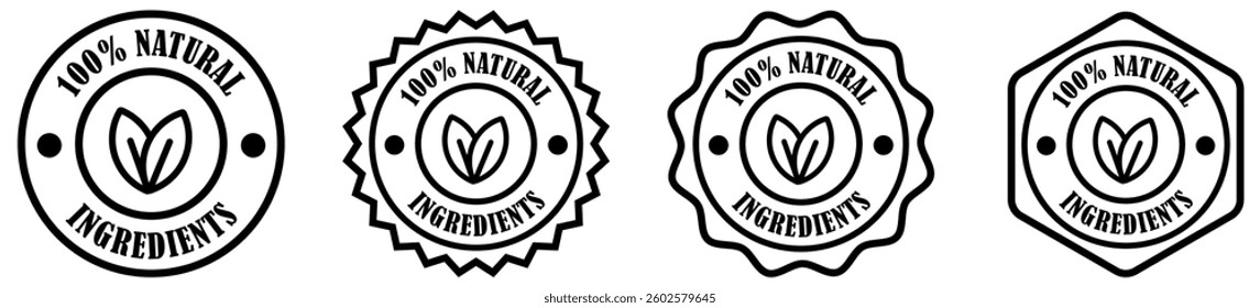 100 percent natural ingredients product badge set on white background. Natural Ingredients certified seal. Organic food quality badge. Eco friendly product stamp. Green label for healthy products.