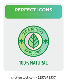 100 percent natural ingredients symbol. Thin line icon for package of organic product. Modern vector illustration.