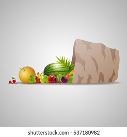 100 percent natural on a paper bag full of fresh fruits. Concept of diet. Vector