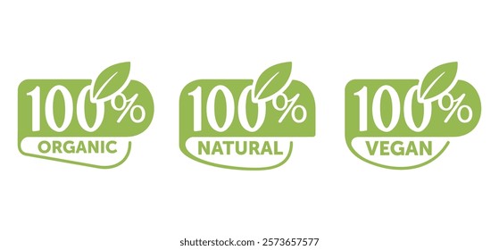 100 percent natural, organic and vegan icons set - badge for hundred percent healthy food, vegetarian nutrition - vector badges set