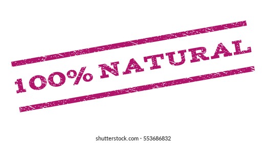 100 Percent Natural watermark stamp. Text tag between parallel lines with grunge design style. Rubber seal stamp with dust texture. Vector purple color ink imprint on a white background.