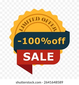 100 percent off badge with sale ribbon. Limited offer label in flat style with yellow stamp and red banner. Vector illustration for discount promotion and e-commerce marketing, transparent background