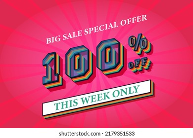 100 percent off big sale banner template flash sale discount promotion text effect, 3d sale symbol.