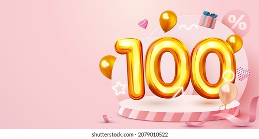 100 percent Off. Discount creative composition. Golden sale symbol with decorative objects, heart shaped balloons and gift box. Sale banner and poster. Vector illustration.