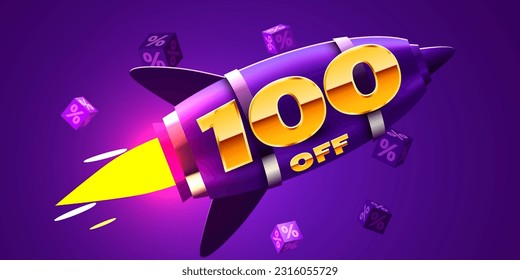 100 percent Off. Discount creative composition with rocket. Mega Sale. Vector illustration.