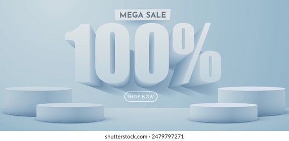 100 percent Off. Discount creative composition. Product presentation, mock up, podium. Sale banner and poster. Vector illustration.