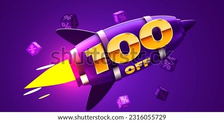 100 percent Off. Discount creative composition with rocket. Mega Sale. Vector illustration.