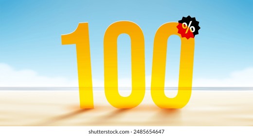 100 percent Off. Discount summer composition. Ocean beach. Sale banner and poster. Vector illustration.