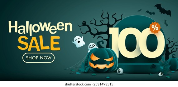 100 percent off. Halloween sale banner template. Podium and numbers with amount of discount. Special October offer. Vector illustration.