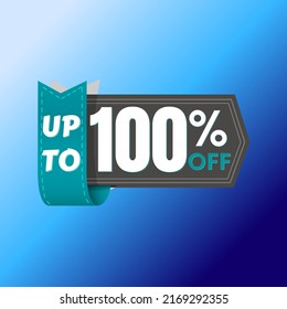 100% percent off, with online discount label design, UP to, icon in black and cyan flag and blue background, Big sale