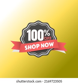 100% percent off, with online discount label design, buy now icon in black and red flag and yellow background, Big sale