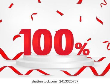 100% or 100 Percent Off Sale Discount on Stage Podium with Ribbon and Confetti. 100% Sale Discount or Commission. Vector Illustration.