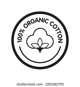 100 percent organic cotton liner labels and badges. Vector round icon, sticker, logo, stamp, tag cotton flower isolated on white background