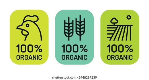 100 percent organic farm products - chicken, whole spelt flour, farmland labels