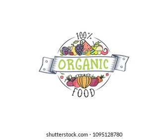 100 percent organic. Fruits and vegetables, vegetarian banner, summer isolated color vector icons.