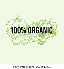 100 percent organic stamp and label,Hand drawn vector illustration. Can be used for farmers market, poster, banner, sticker, logo, label and other design.