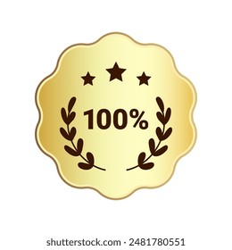 100 percent original product badge. Round premium quality product guarantee logo with stars and laurel crown. Vector gold label sign, rubber seal stamp for sticker, logo, certificate, medal.