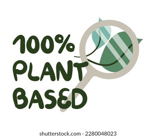 100 percent plant based concept. One hundred per cent of vegetable ingredients. Handwritten slogan and green leaves under magnifying glass. Absolutely natural. Vector illustration