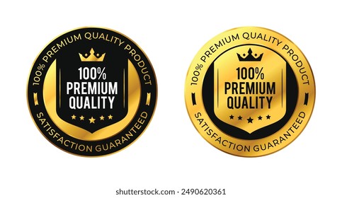 100 percent premium quality satisfaction guaranteed. Vector circle black and gold isolated on white with stars and crown. For icon, logo, label, seal, tag, sign, seal, symbol, badge, stamp, sticker