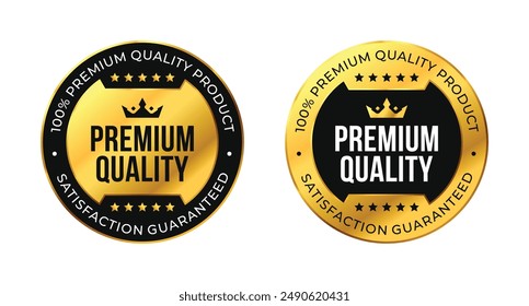 100 percent premium quality satisfaction guaranteed. Vector circle black and gold isolated on white with stars and crown. For icon, logo, label, seal, tag, sign, seal, symbol, badge, stamp, sticker