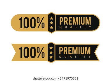 100 percent premium quality satisfaction guaranteed. Vector circle, ribbon, stars, and gold color isolated on white