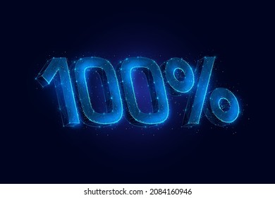 100 percent progress digital wireframe made of connected dots. Completed task low poly vector illustration on blue background.