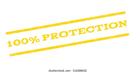 100 Percent Protection watermark stamp. Text caption between parallel lines with grunge design style. Rubber seal stamp with scratched texture. Vector yellow color ink imprint on a white background.