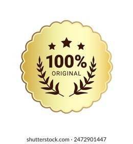 100 percent quality product label sign. Round premium product guarantee golden logo with stars, laurel crown. Vector gold wavy badge, rubber seal stamp symbol for sticker, logo, certificate design.