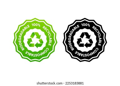 100 percent Recyclable Compostable Biodegradable. Recycle Reuse Reduce Icon. Package label for eco packet. Vector illustration.