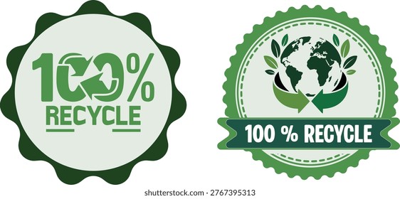 100 Percent Recycle Label with Plastic Bottle Icons and Circular Arrows Ideal for Eco Packaging Recycling Awareness and Green Marketing Design
