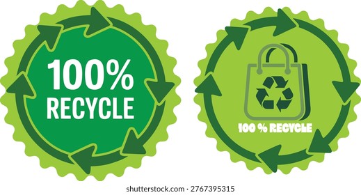 100 Percent Recycle Label with Plastic Bottle Icons and Circular Arrows Ideal for Eco Packaging Recycling Awareness and Green Marketing Design