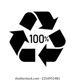 100 percent recycled material sign, bio matter organic material recycling symbol one hundred percent, black filled vector element