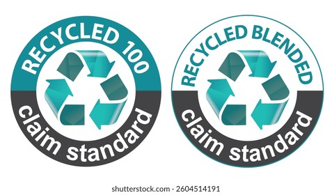 100 percent recycled product materials sign stamp. Recycled 100 and recycled blended. Claim standard.